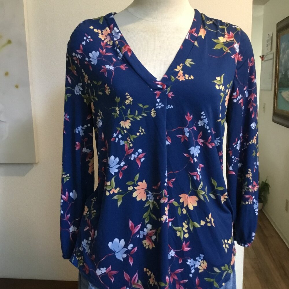 UNBRANDED Multicolor Floral Print Blouse Top 3/4 Sleeve Stretchy V-Neck S